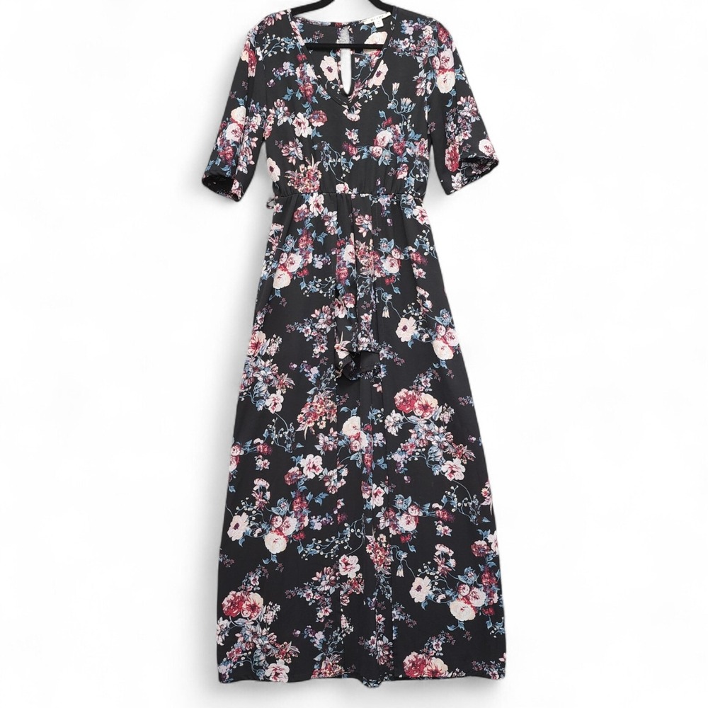 Miami Dress Womens Medium Black Floral 1/2 Sleeve Ruffle V Neck Maxi Made in USA